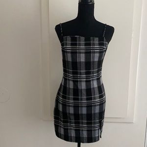 Black Plaid Mini Dress with Leg Slit • M